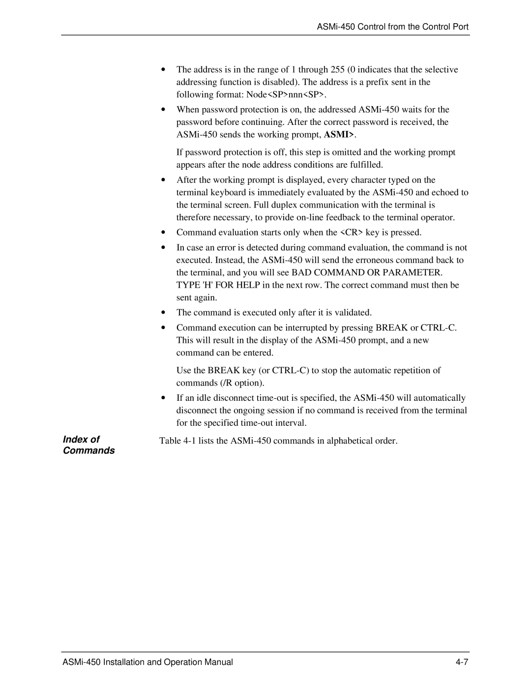 RAD Data comm ASMI-450 operation manual Index of Commands 