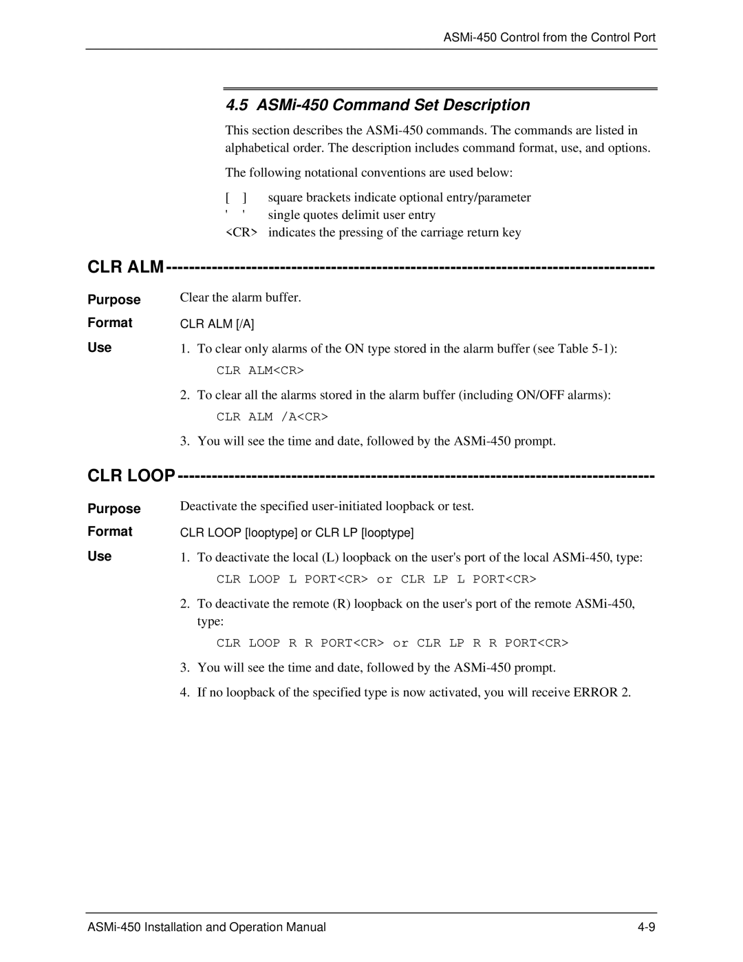 RAD Data comm ASMI-450 operation manual Clr Alm, CLR Loop, ASMi-450 Command Set Description, Format, Use 