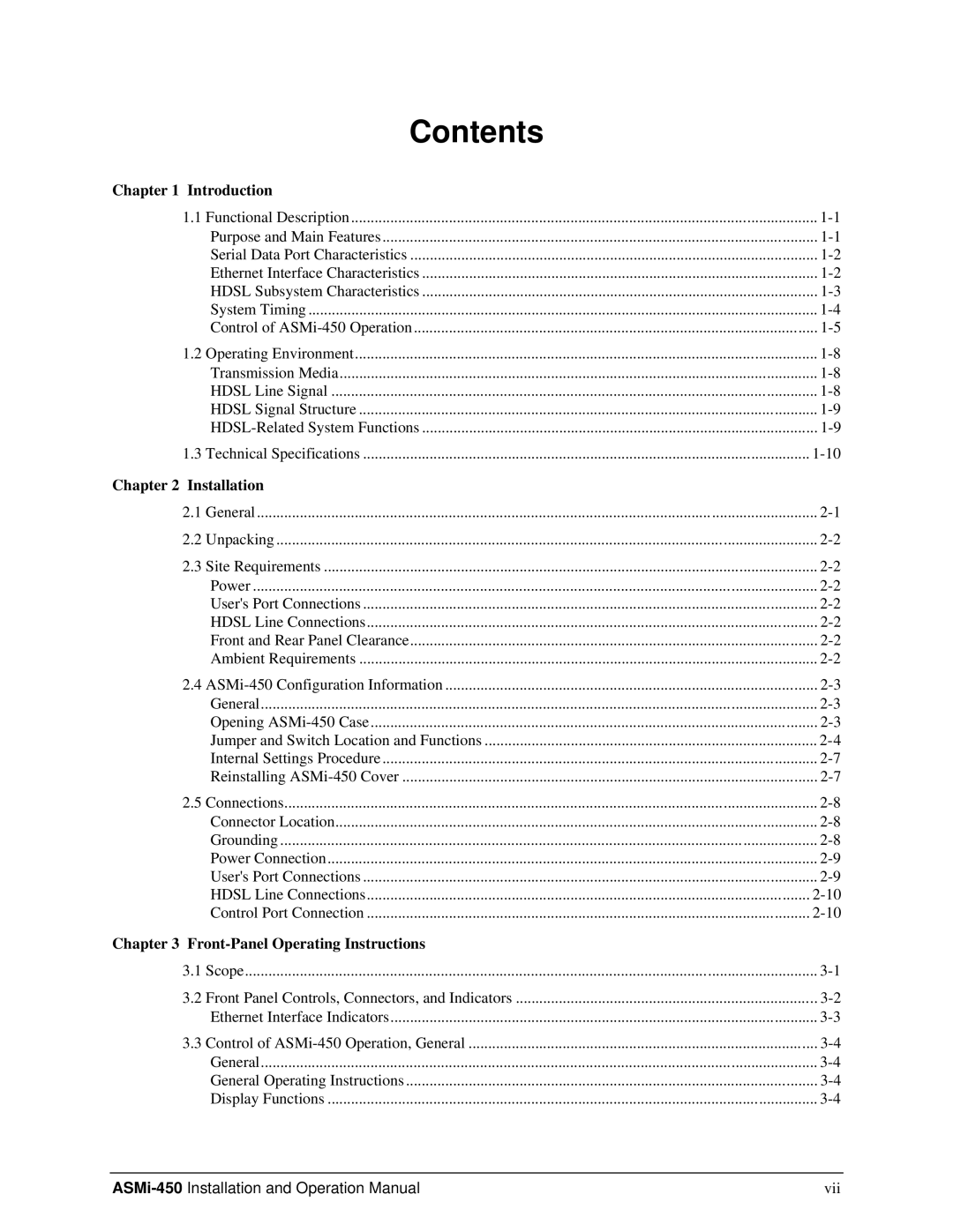 RAD Data comm ASMI-450 operation manual Contents 