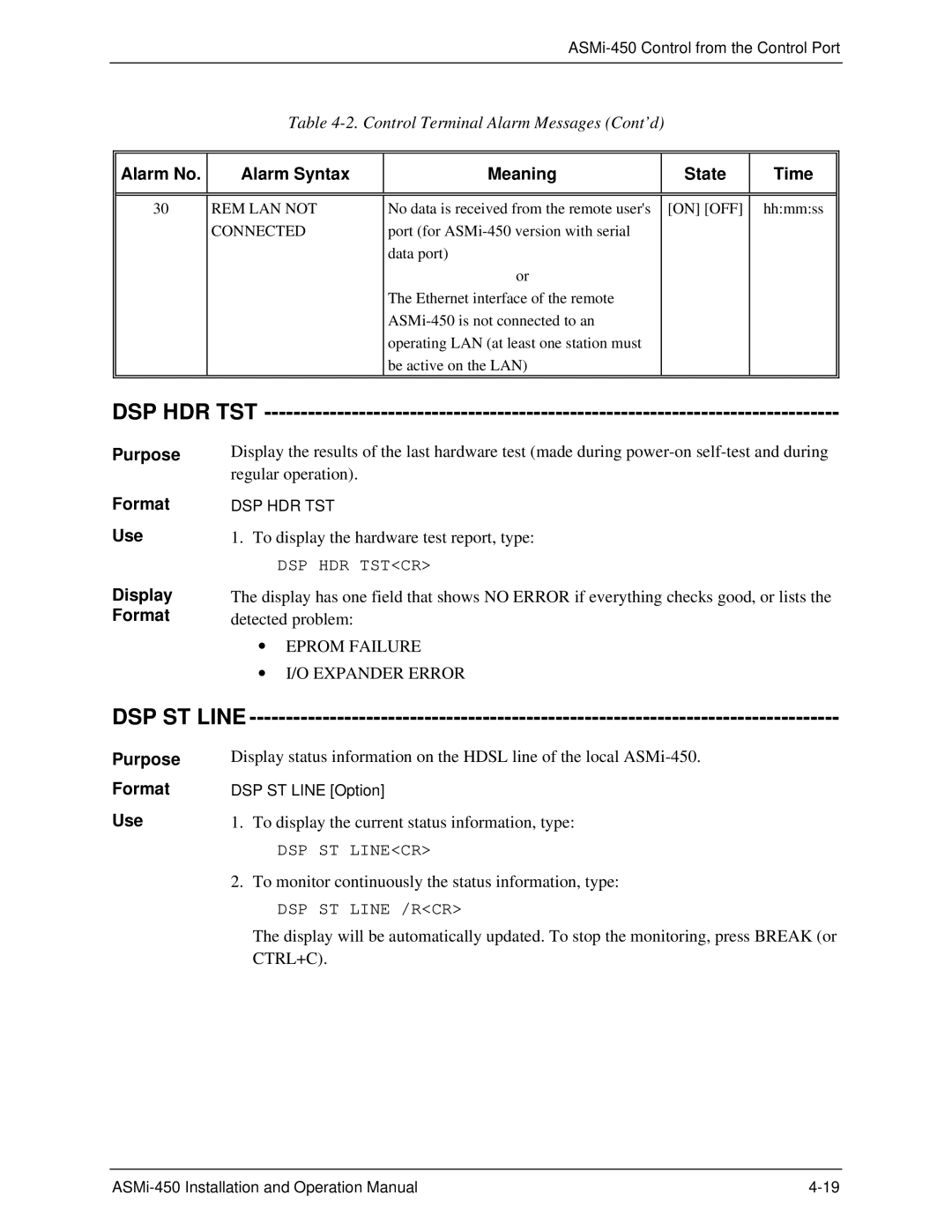 RAD Data comm ASMI-450 operation manual Dsp Hdr Tst, DSP ST Line, REM LAN not, Connected 