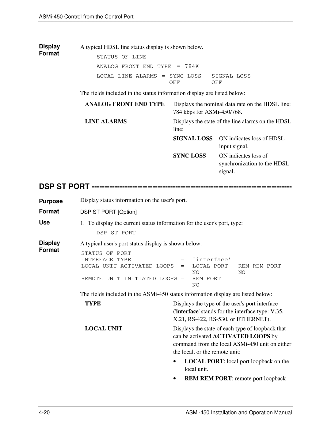 RAD Data comm ASMI-450 operation manual DSP ST Port, Purpose Format Use Display Format 