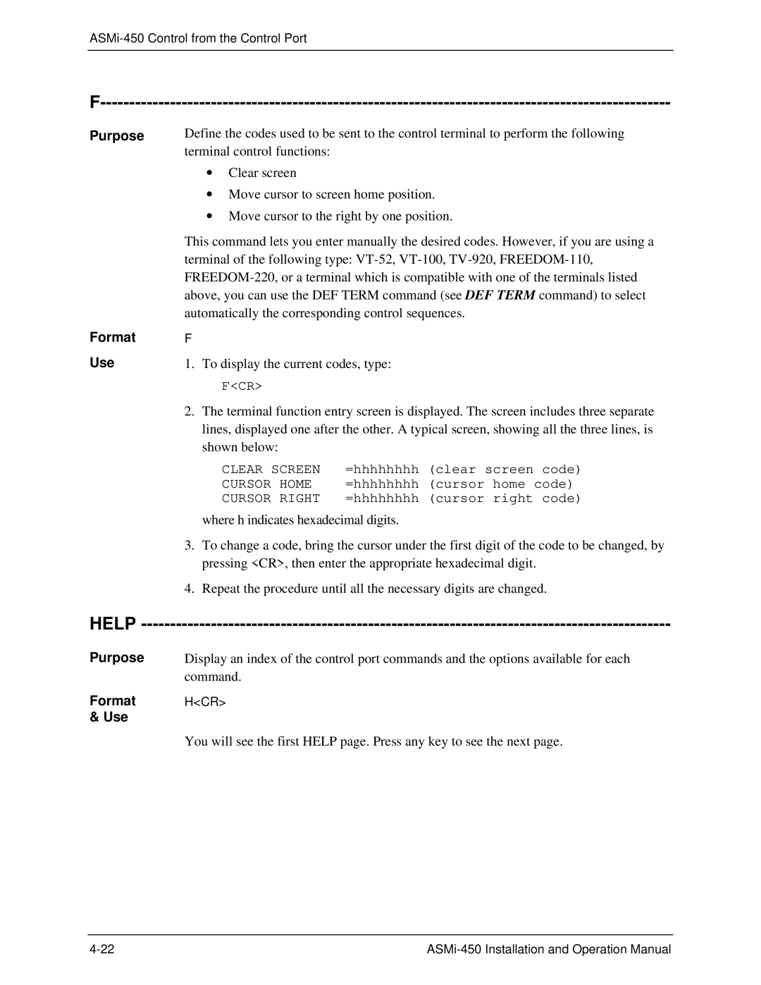 RAD Data comm ASMI-450 operation manual Help, Purpose Format Use 