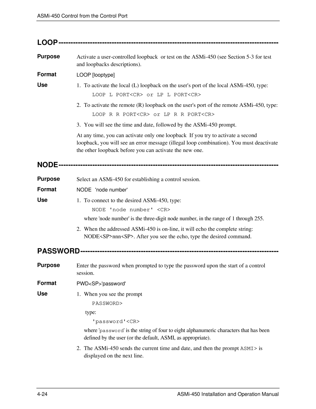 RAD Data comm ASMI-450 operation manual Loop, Node, Password 