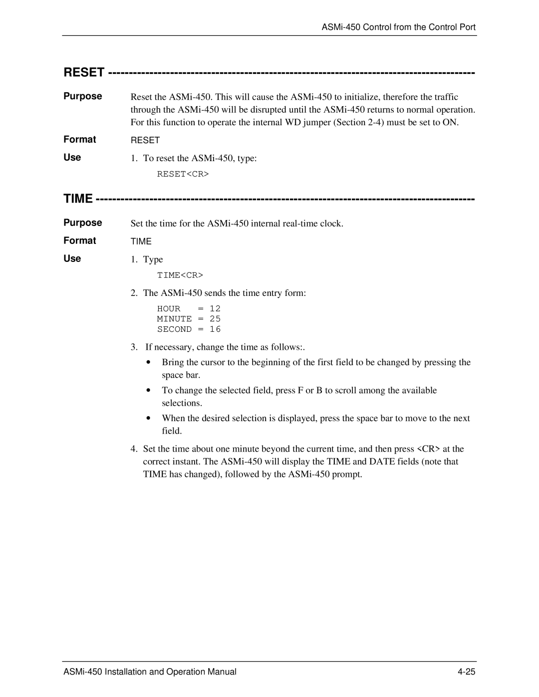 RAD Data comm ASMI-450 operation manual Reset, Time 