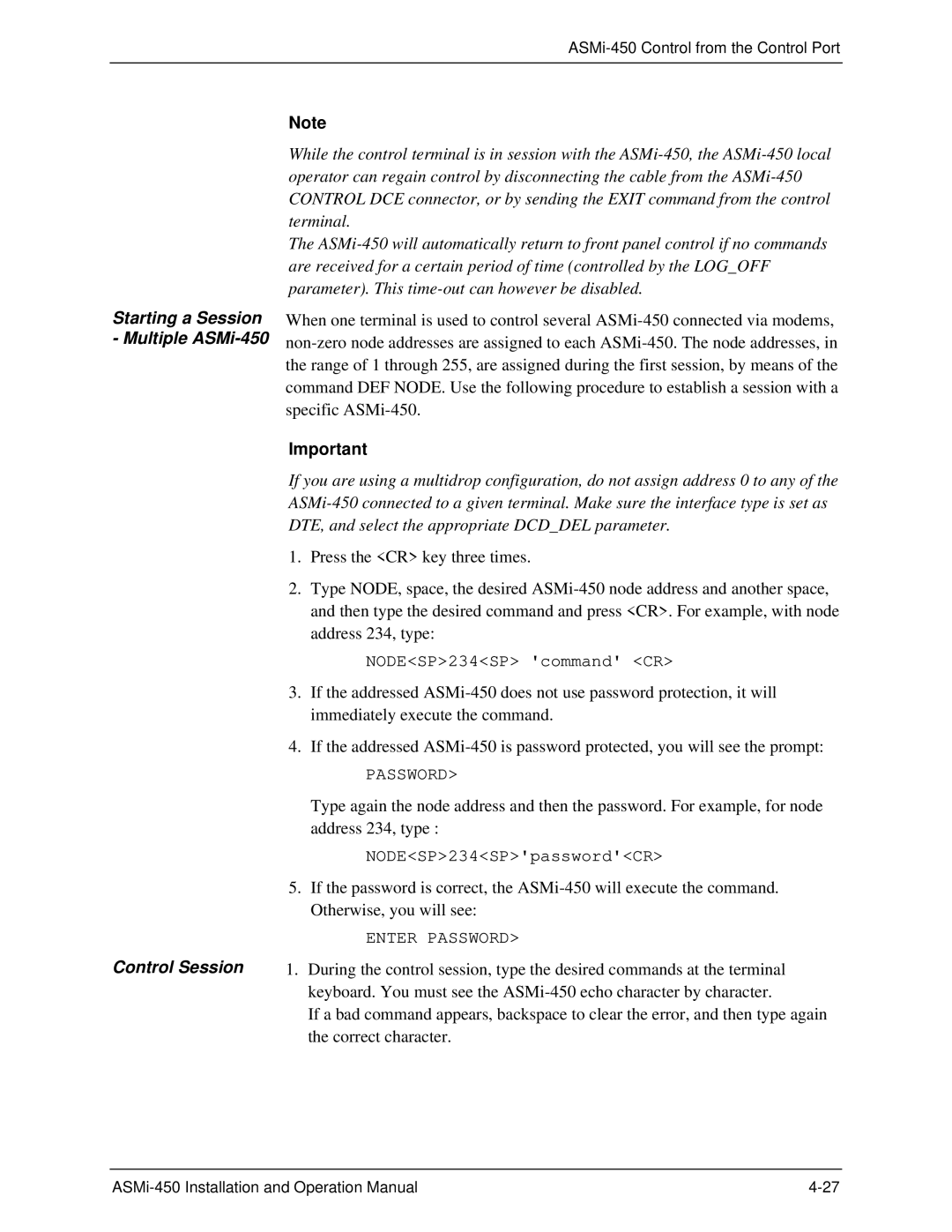 RAD Data comm ASMI-450 operation manual Control Session 