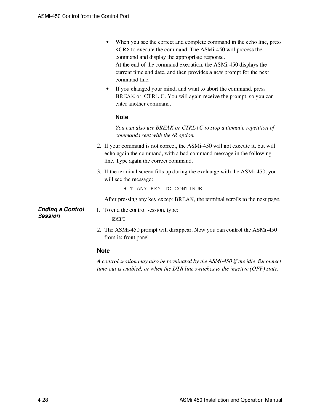 RAD Data comm ASMI-450 operation manual Ending a Control Session 