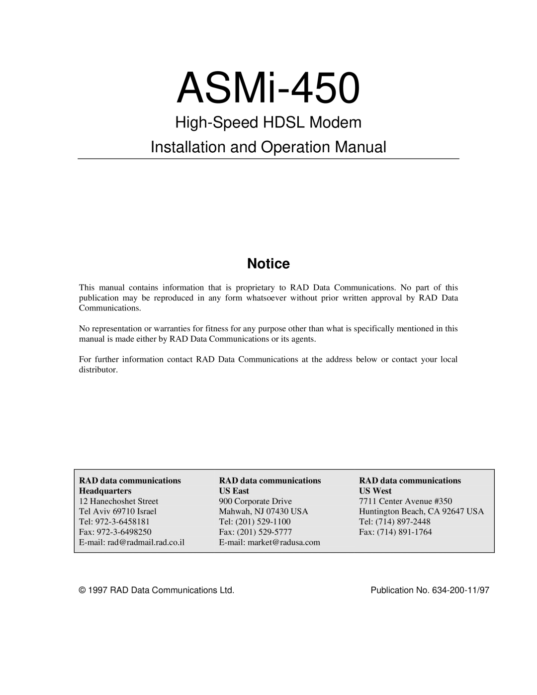RAD Data comm ASMI-450 operation manual ASMi-450, High-Speed HDSL Modem Installation and Operation Manual, Headquarters 