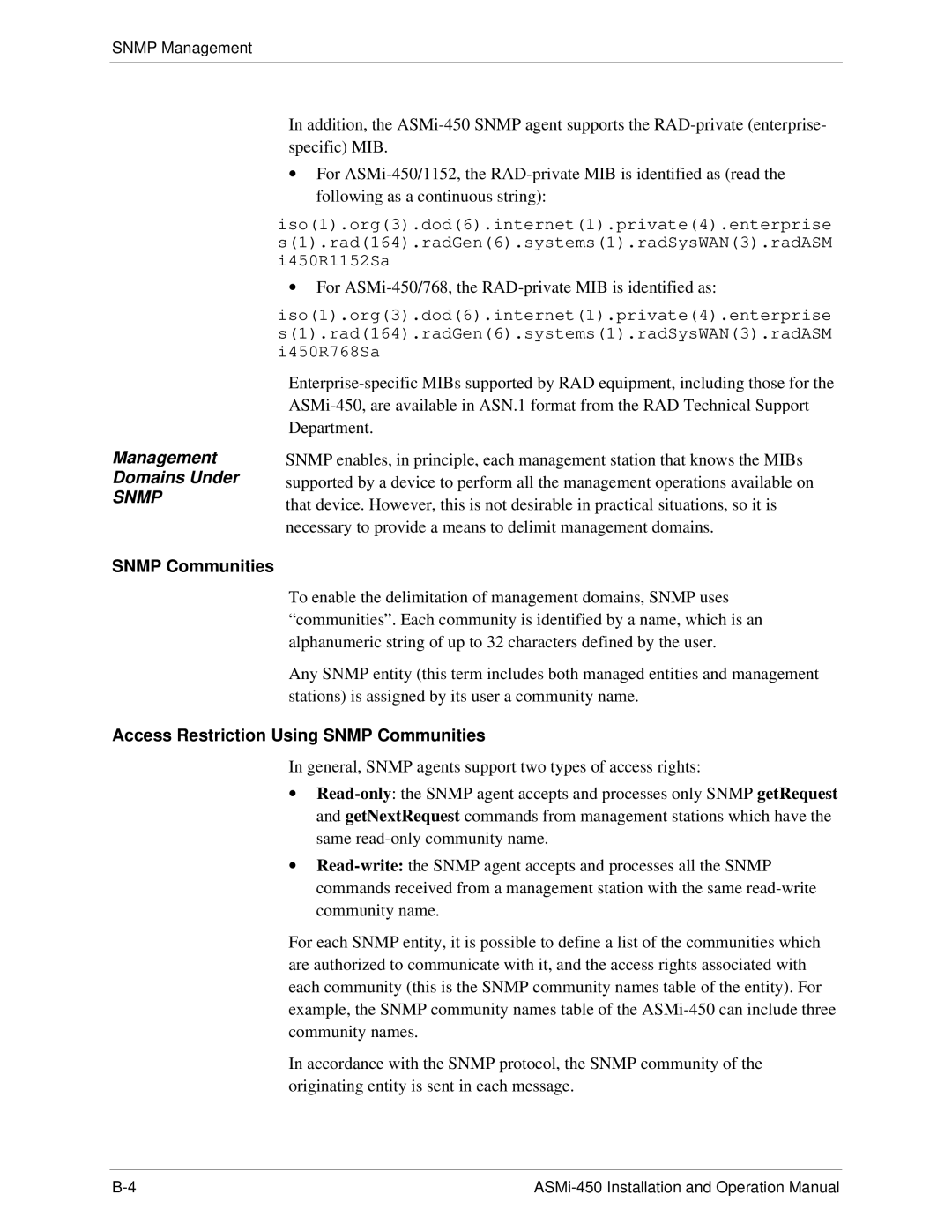 RAD Data comm ASMI-450 operation manual Management Domains Under SNMP, Access Restriction Using SNMP Communities 