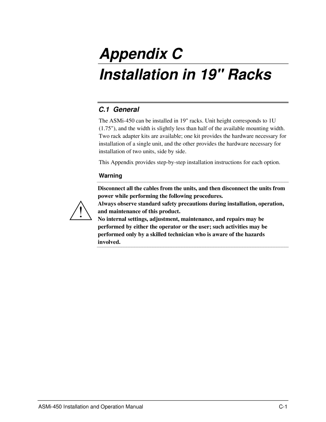 RAD Data comm ASMI-450 operation manual Appendix C Installation in 19 Racks, C.1 General 