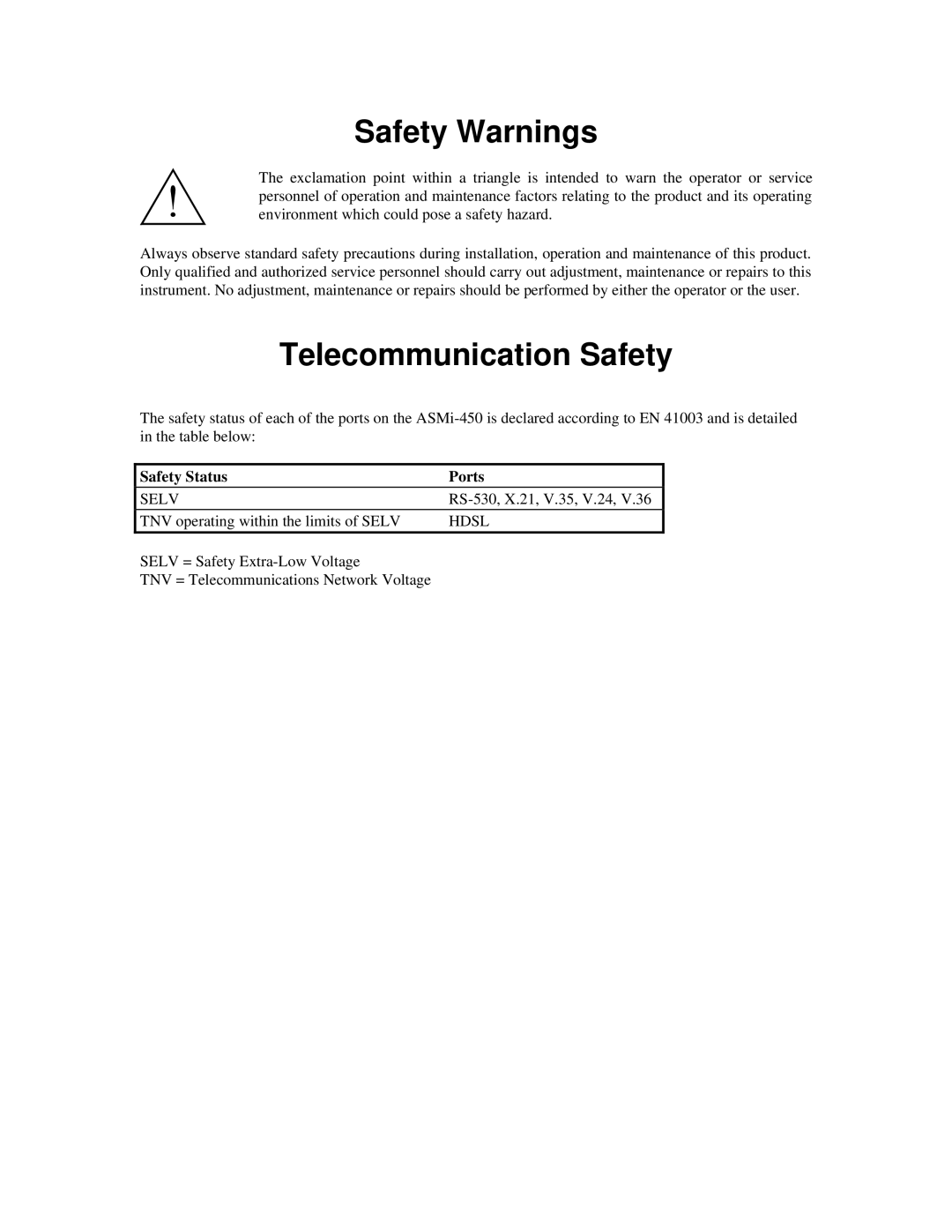 RAD Data comm ASMI-450 operation manual Safety Warnings, Telecommunication Safety, Safety Status, Ports 
