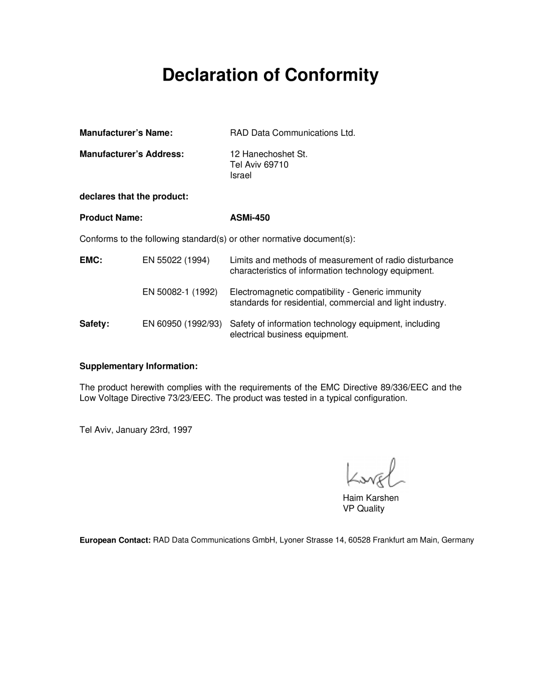 RAD Data comm ASMI-450 operation manual Declaration of Conformity 