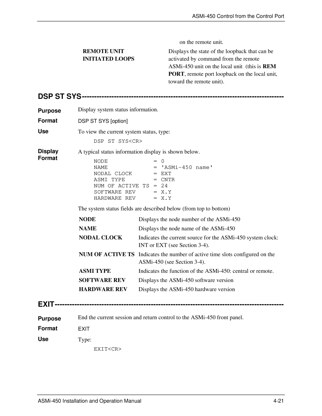 RAD Data comm ASMI-450 operation manual Dsp St Sys, Exit, Purpose Format Use Display Format 