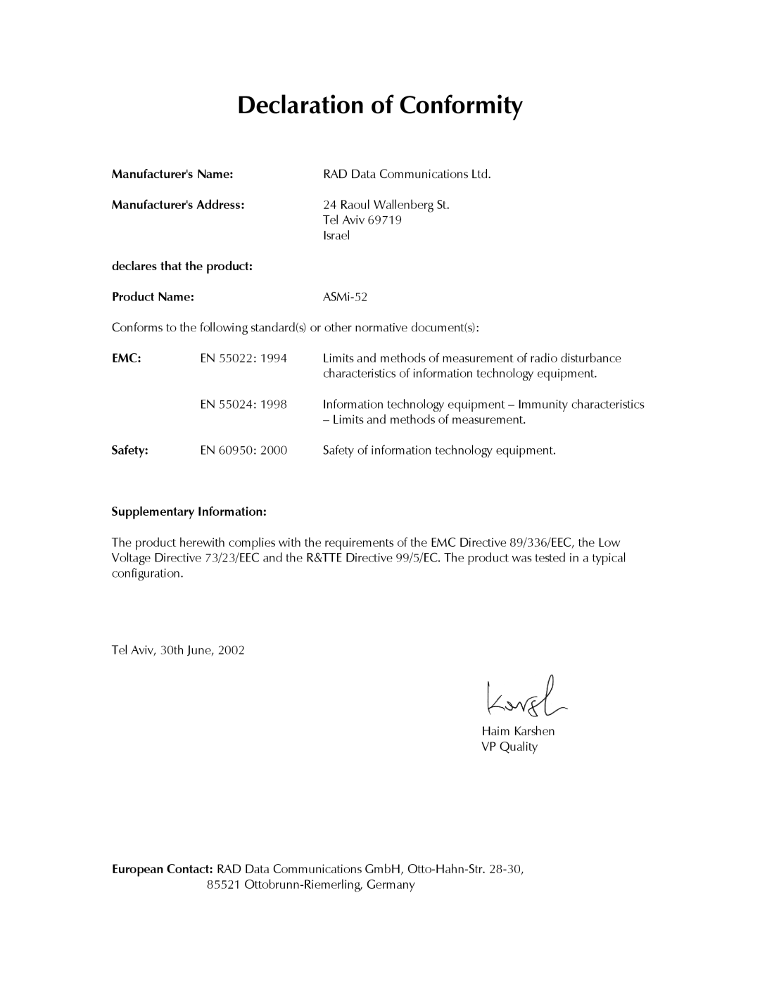 RAD Data comm ASMi-52 manual Safety, Supplementary Information 