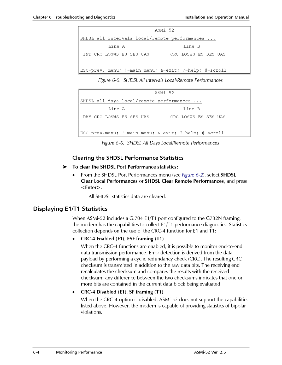 RAD Data comm ASMi-52 manual Displaying E1/T1 Statistics, Clearing the Shdsl Performance Statistics 