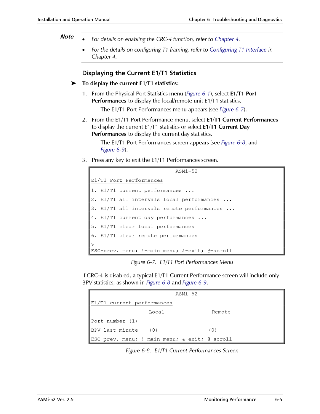 RAD Data comm ASMi-52 manual Displaying the Current E1/T1 Statistics, Chapter, To display the current E1/T1 statistics 