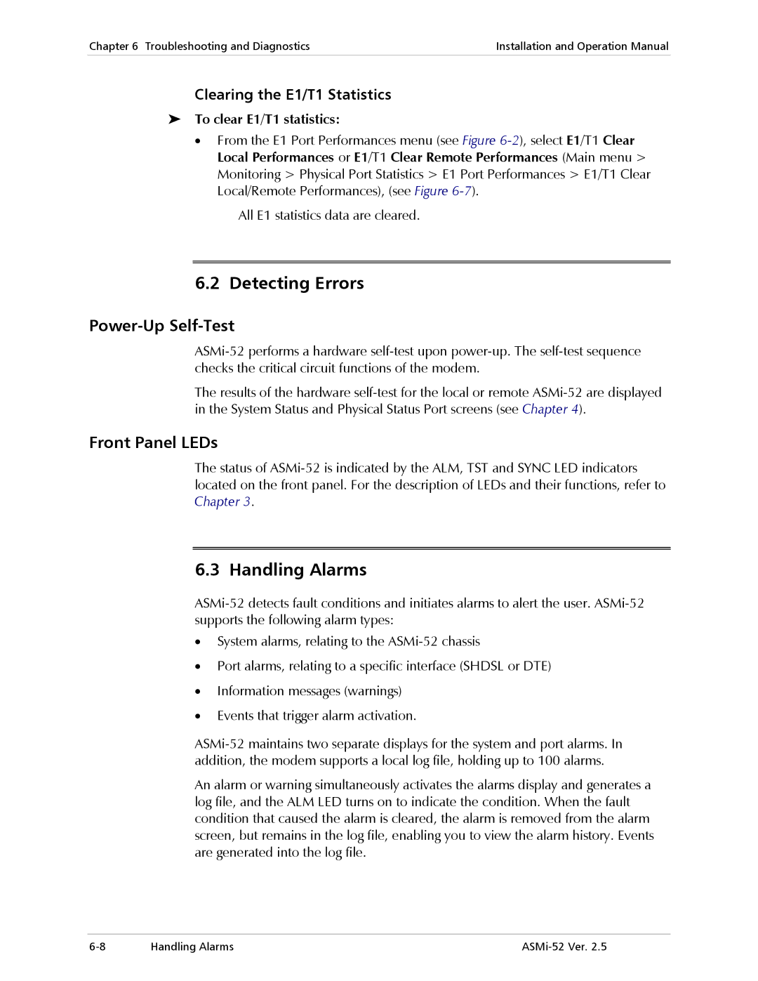 RAD Data comm ASMi-52 manual Detecting Errors, Handling Alarms, Power-Up Self-Test, Front Panel LEDs 