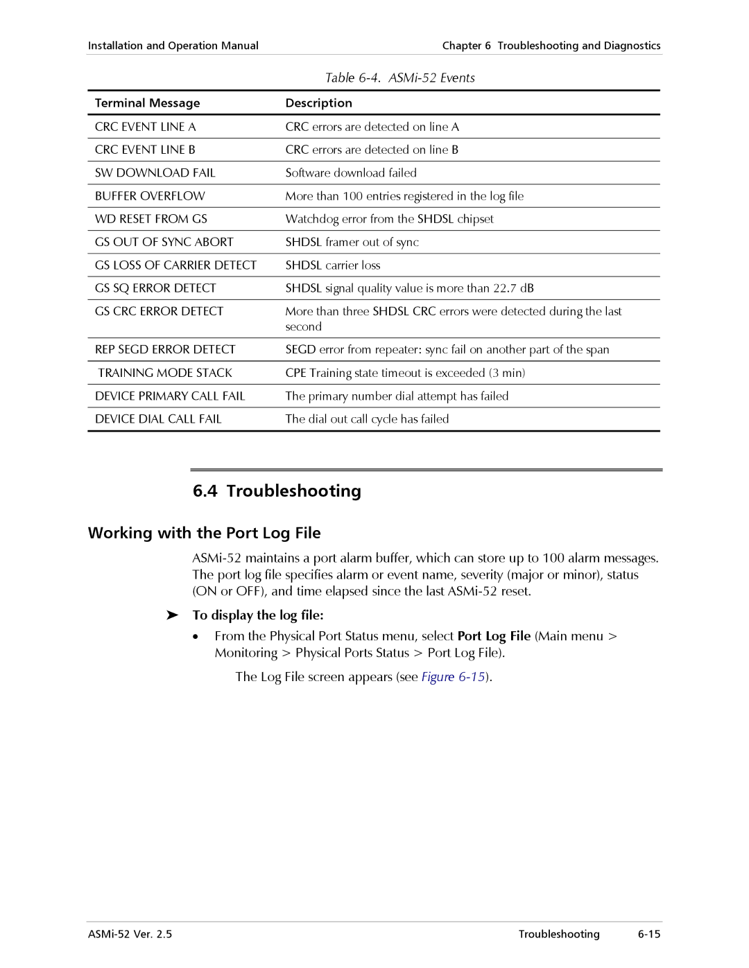 RAD Data comm manual Troubleshooting, Working with the Port Log File, ASMi-52 Events, To display the log file 