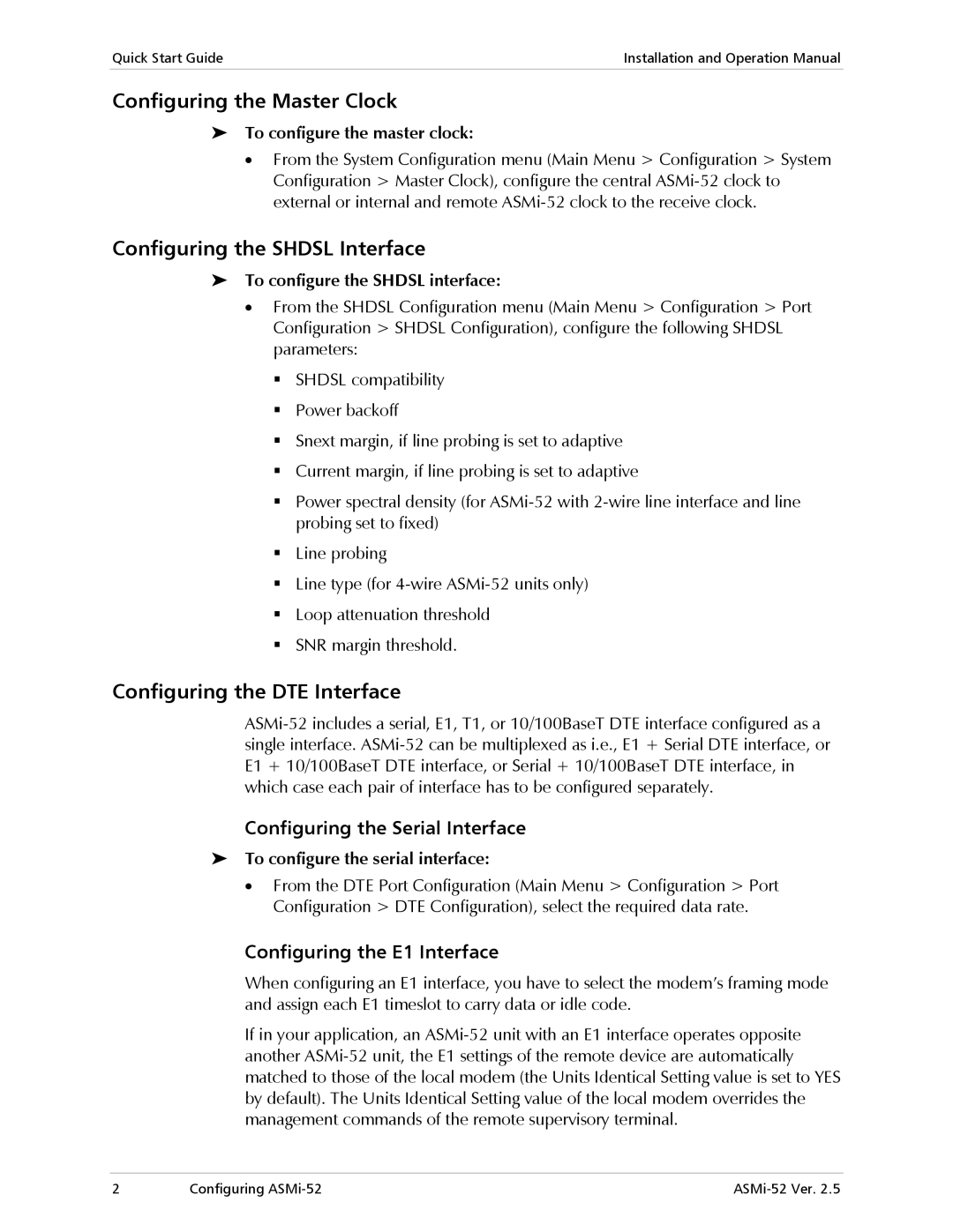 RAD Data comm ASMi-52 manual Configuring the Master Clock, Configuring the Shdsl Interface, Configuring the DTE Interface 