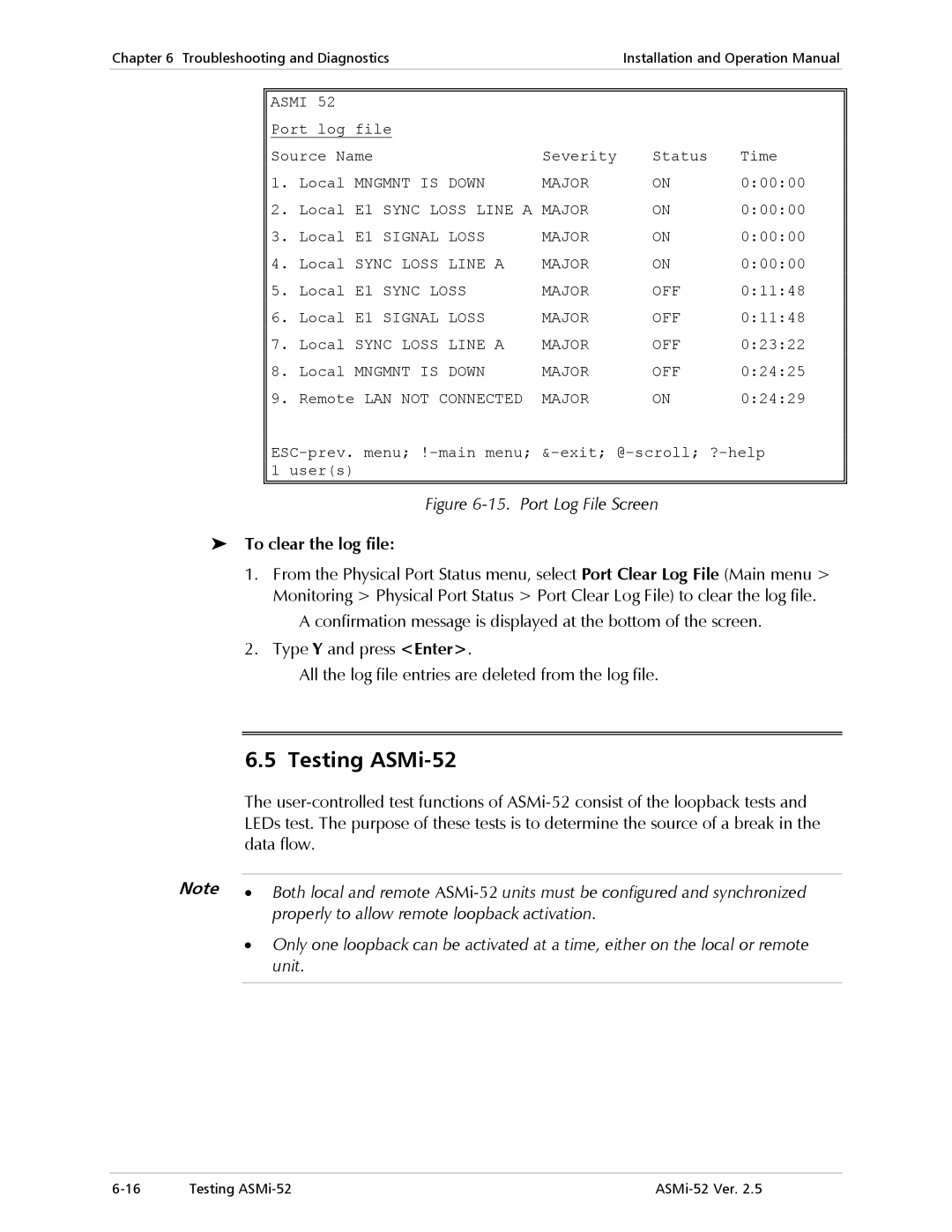 RAD Data comm manual Testing ASMi-52, To clear the log file 