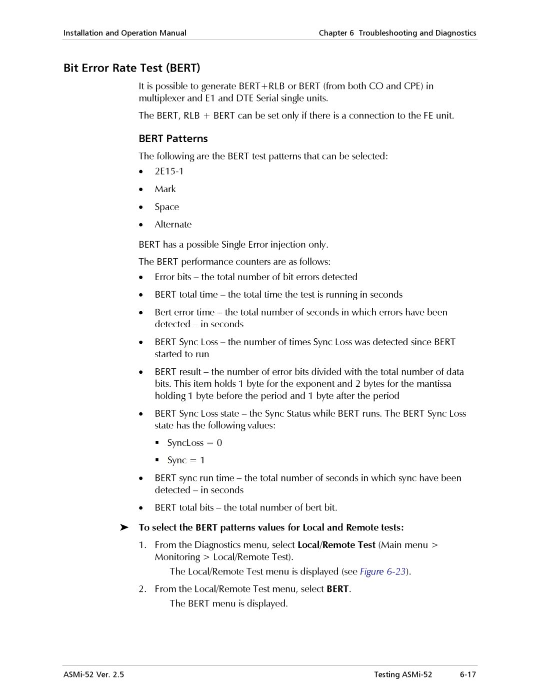 RAD Data comm ASMi-52 manual Bit Error Rate Test Bert, Bert Patterns 