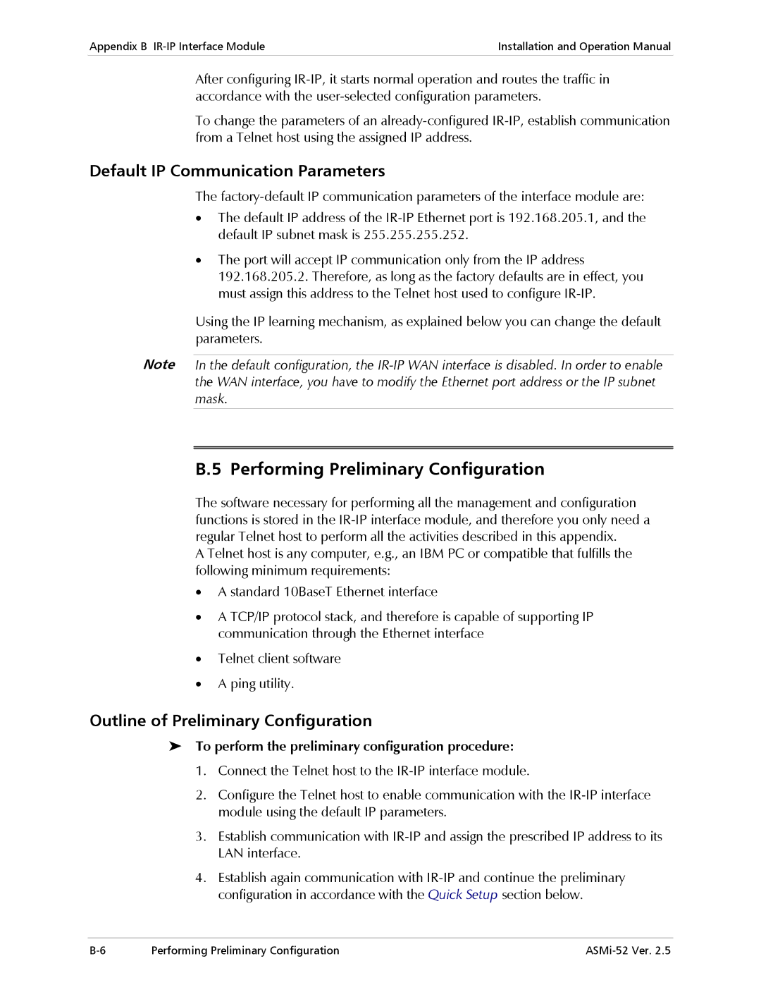 RAD Data comm ASMi-52 manual Performing Preliminary Configuration, Default IP Communication Parameters 