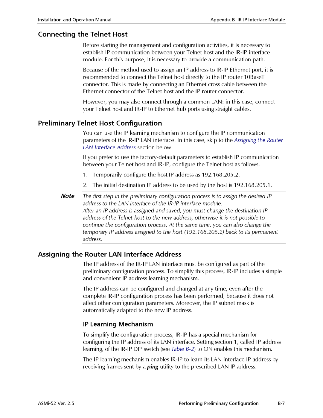 RAD Data comm ASMi-52 manual Connecting the Telnet Host, Preliminary Telnet Host Configuration, IP Learning Mechanism 