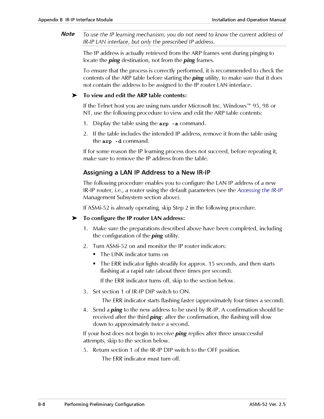 RAD Data comm ASMi-52 manual Assigning a LAN IP Address to a New IR-IP, To view and edit the ARP table contents 