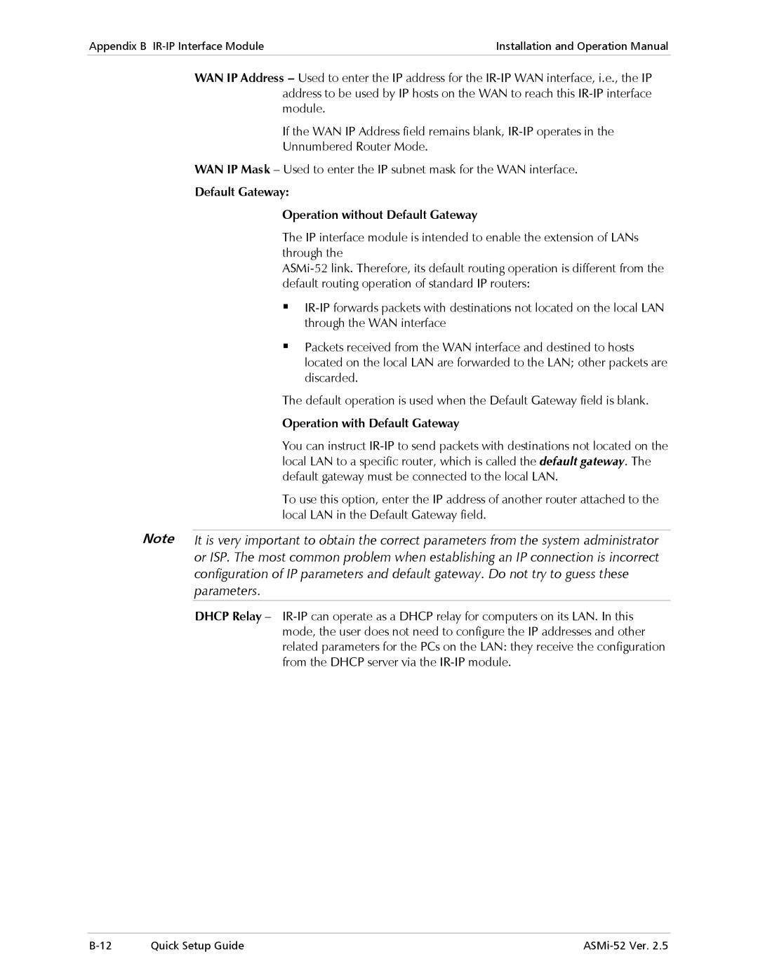 RAD Data comm ASMi-52 manual Parameters, Operation without Default Gateway, Operation with Default Gateway 