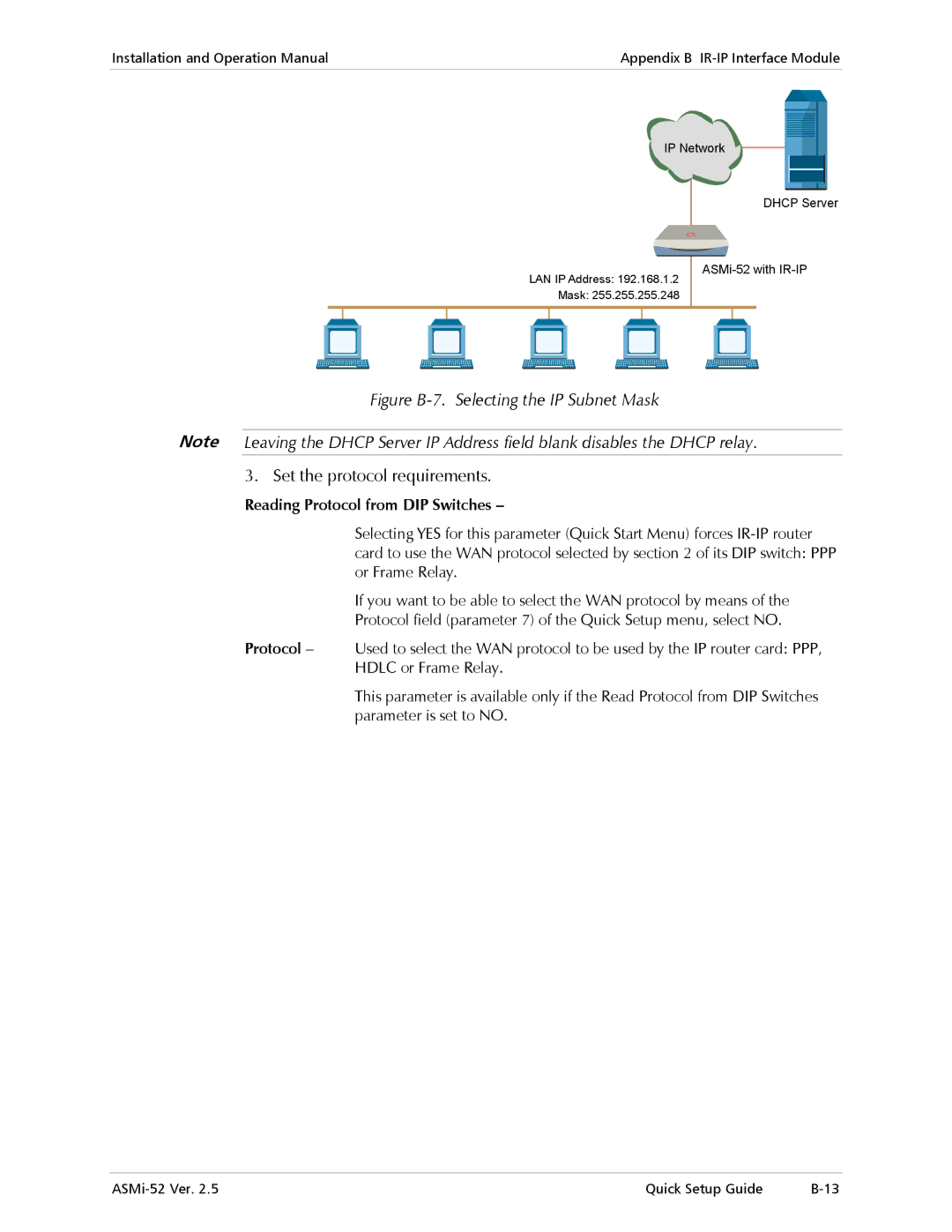 RAD Data comm ASMi-52 manual Figure B-7. Selecting the IP Subnet Mask, Reading Protocol from DIP Switches 