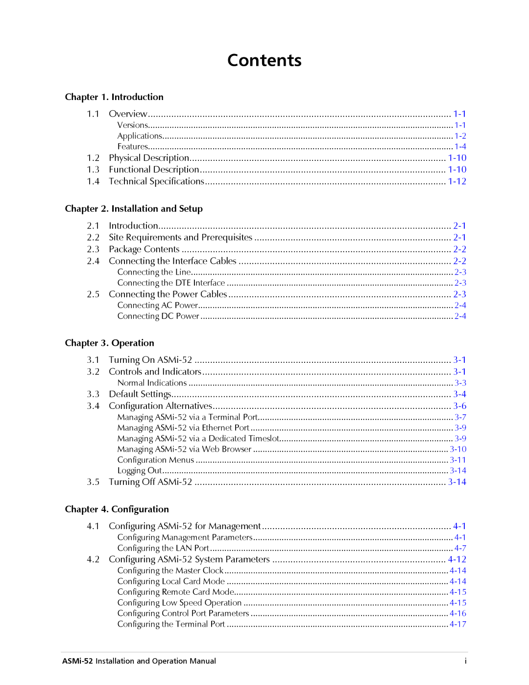 RAD Data comm ASMi-52 manual Contents 