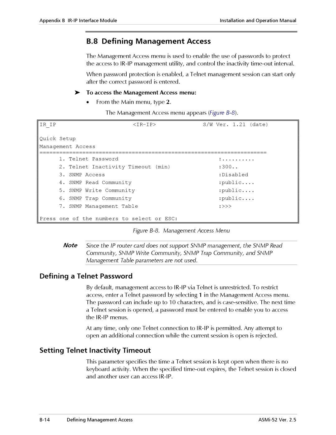 RAD Data comm ASMi-52 manual Defining Management Access, Defining a Telnet Password, Setting Telnet Inactivity Timeout 