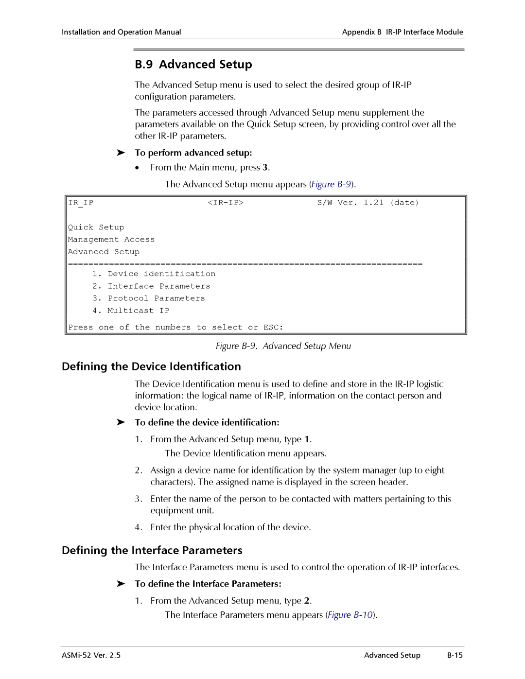 RAD Data comm ASMi-52 manual Advanced Setup, Defining the Device Identification, Defining the Interface Parameters 