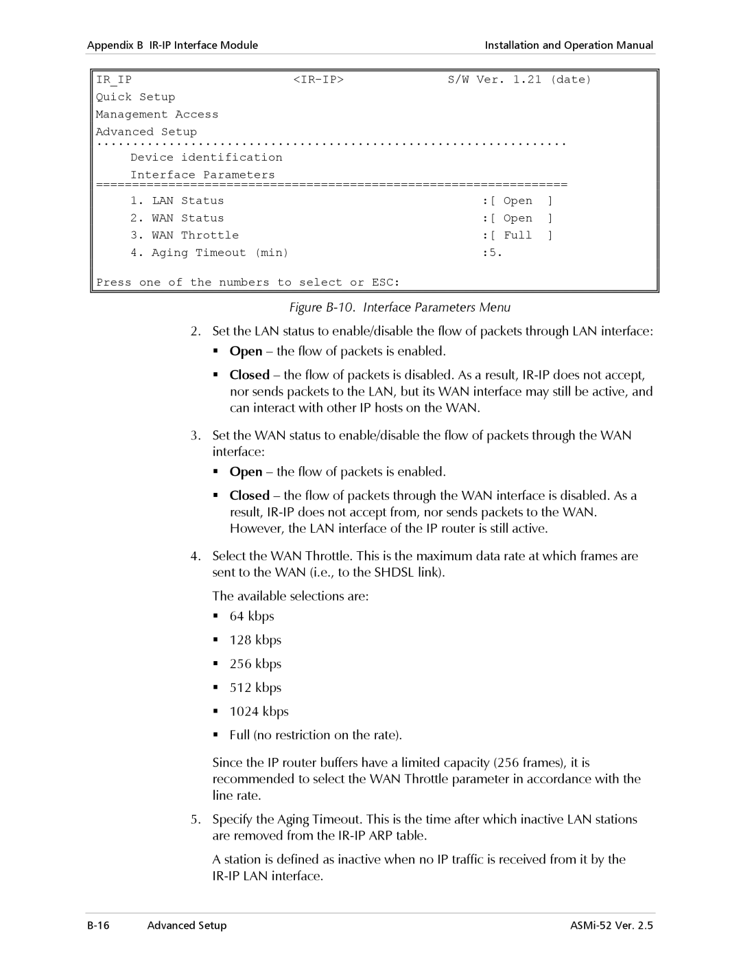 RAD Data comm ASMi-52 manual Figure B-10. Interface Parameters Menu 