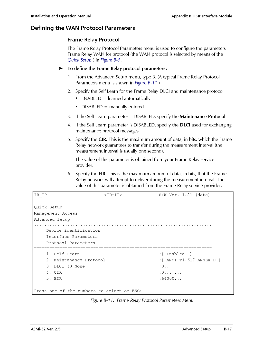 RAD Data comm ASMi-52 manual Defining the WAN Protocol Parameters, Frame Relay Protocol 