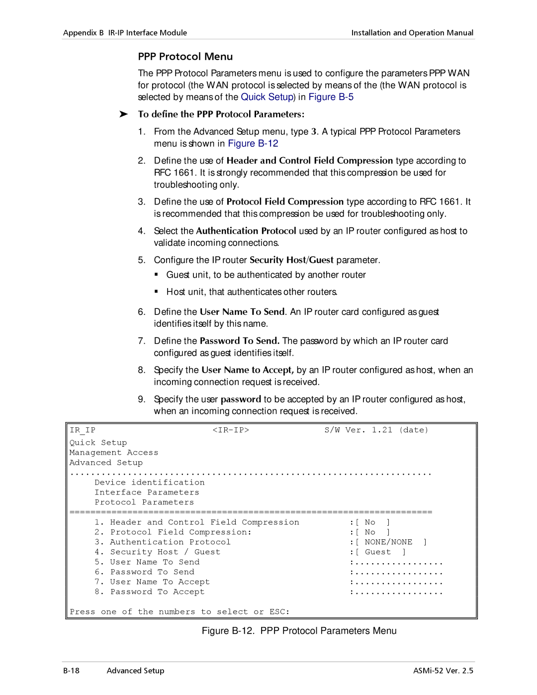 RAD Data comm ASMi-52 manual PPP Protocol Menu, To define the PPP Protocol Parameters 