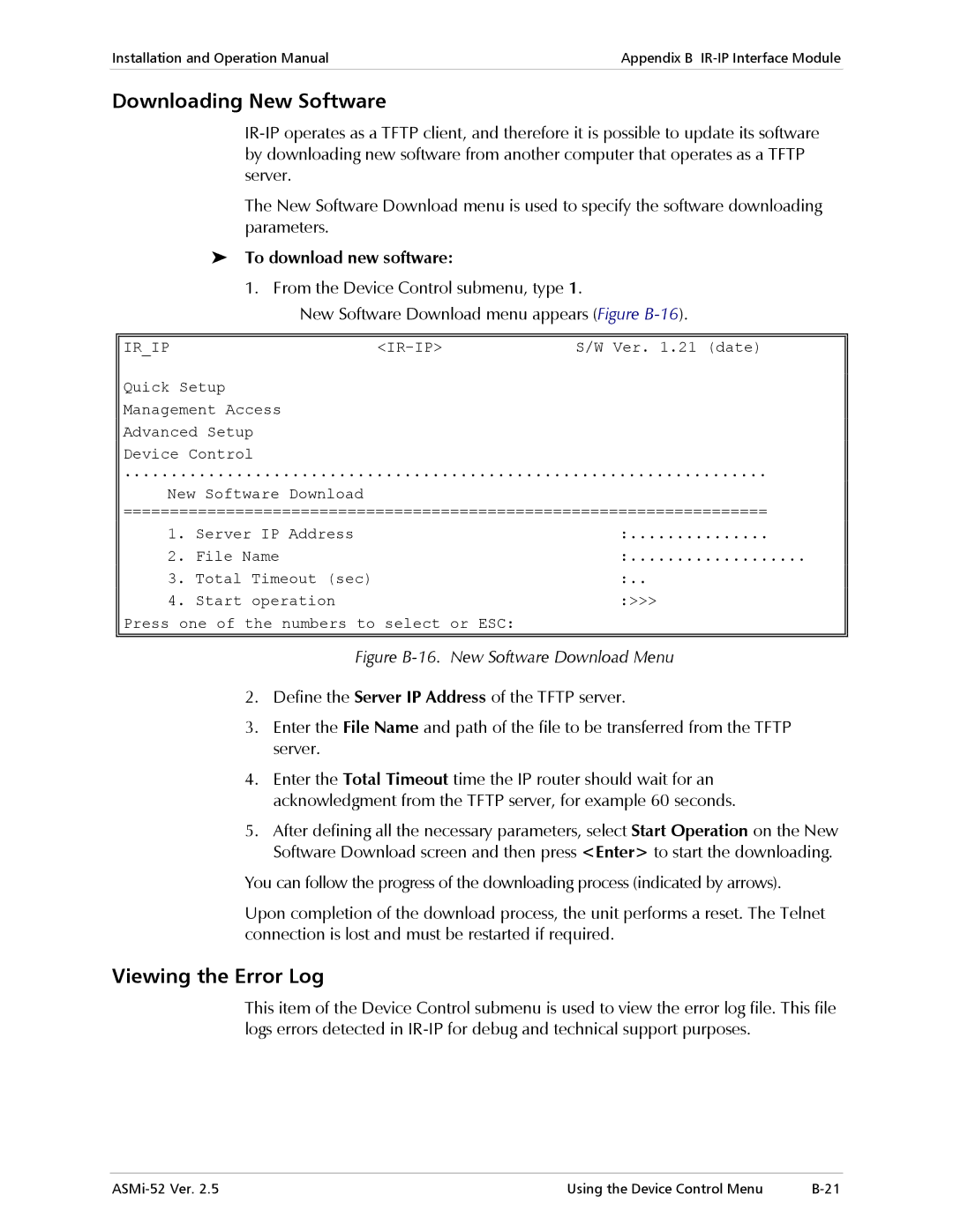 RAD Data comm ASMi-52 manual Downloading New Software, Viewing the Error Log, To download new software 