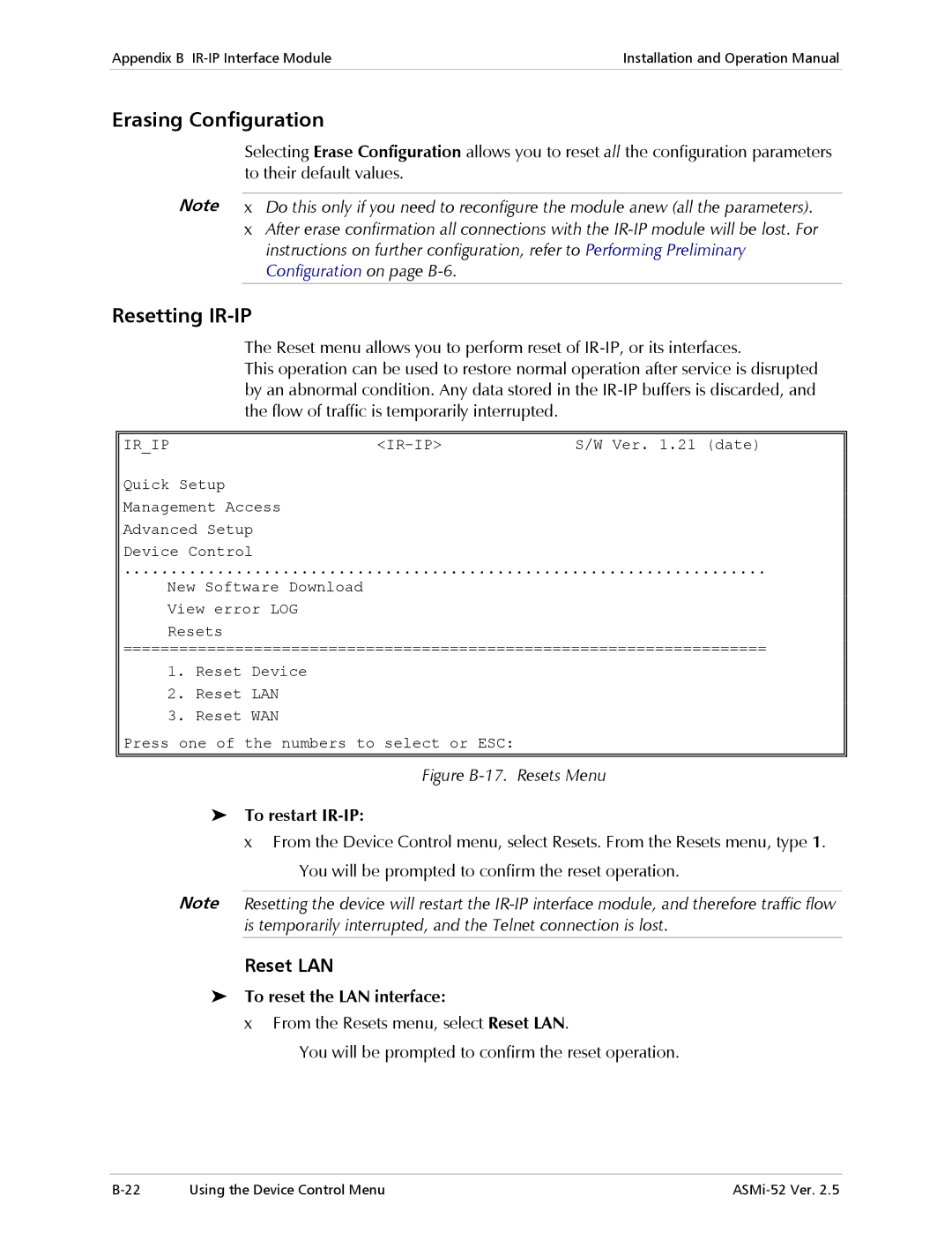 RAD Data comm ASMi-52 Erasing Configuration, Resetting IR-IP, Reset LAN, To restart IR-IP, To reset the LAN interface 