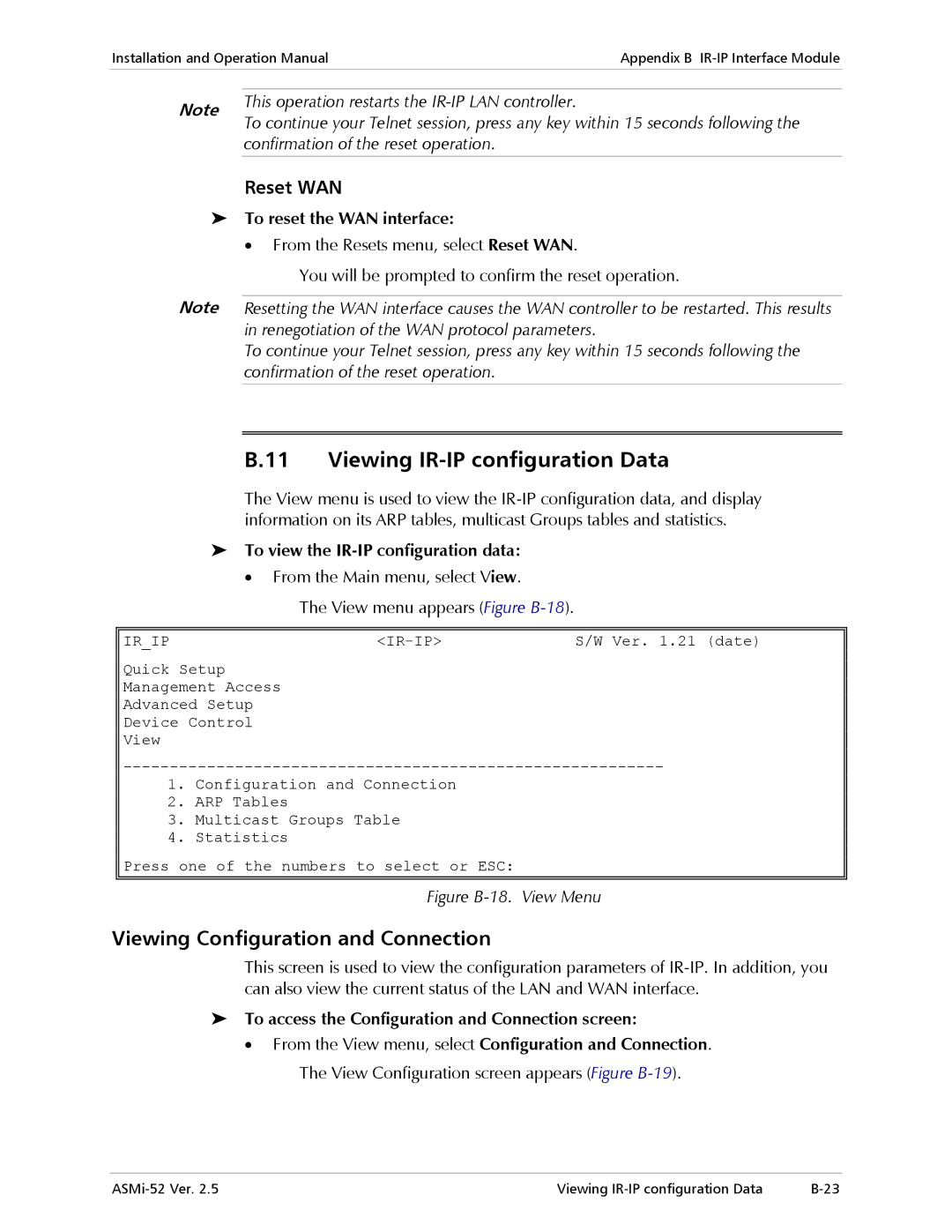 RAD Data comm ASMi-52 manual Viewing IR-IP configuration Data, Viewing Configuration and Connection, Reset WAN 