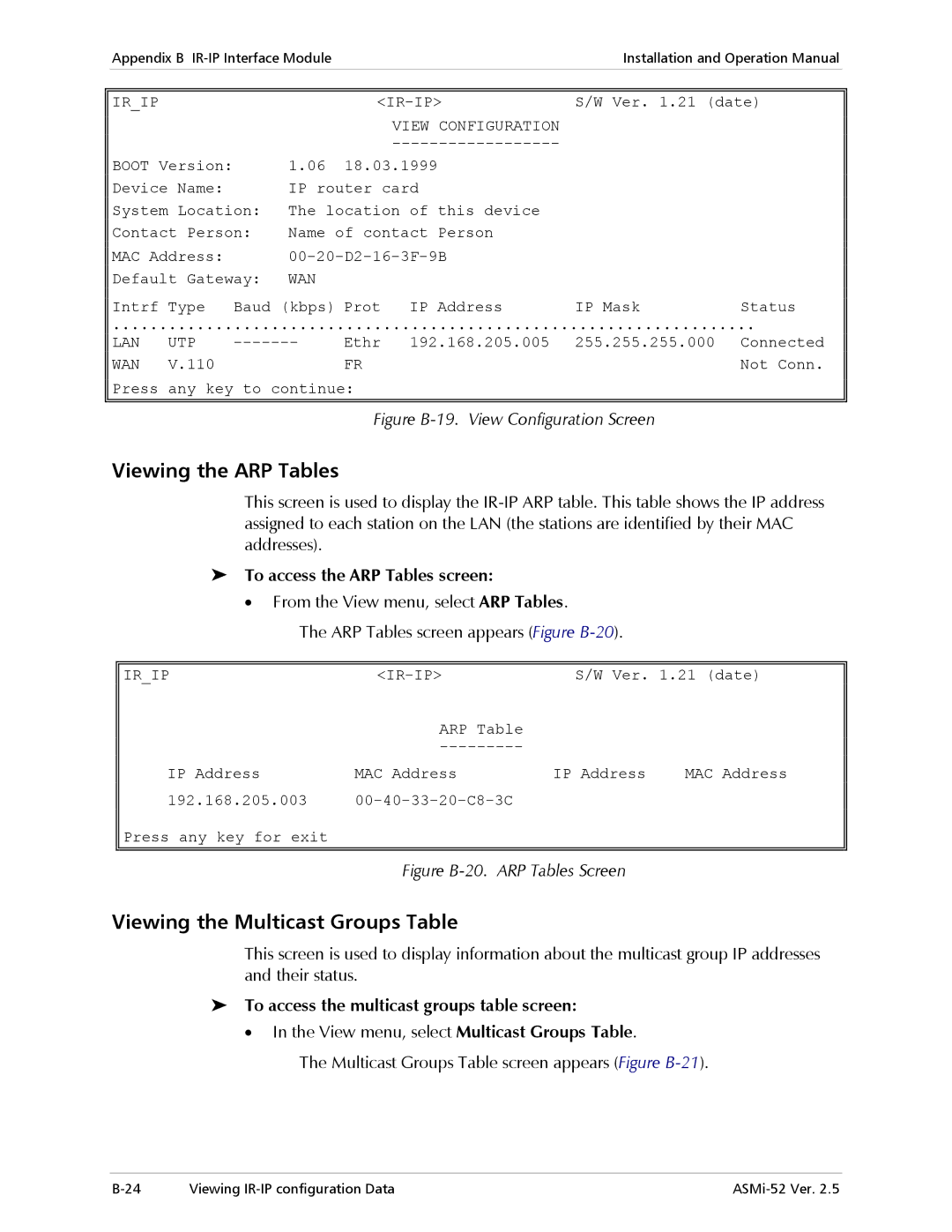 RAD Data comm ASMi-52 manual Viewing the ARP Tables, Viewing the Multicast Groups Table, To access the ARP Tables screen 