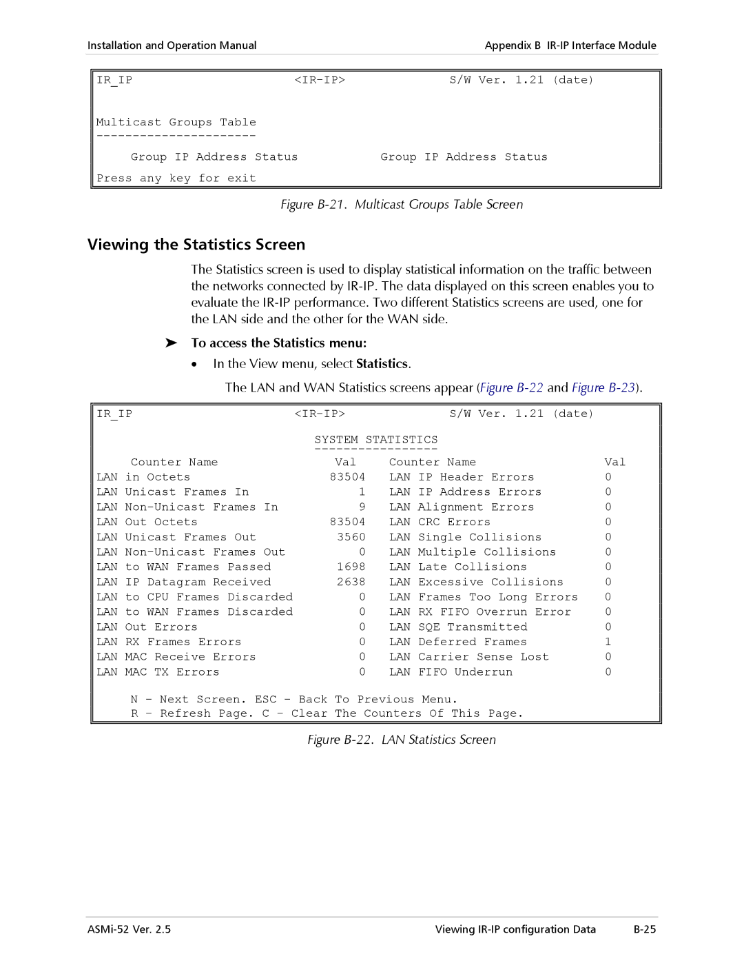 RAD Data comm ASMi-52 manual Viewing the Statistics Screen, To access the Statistics menu 