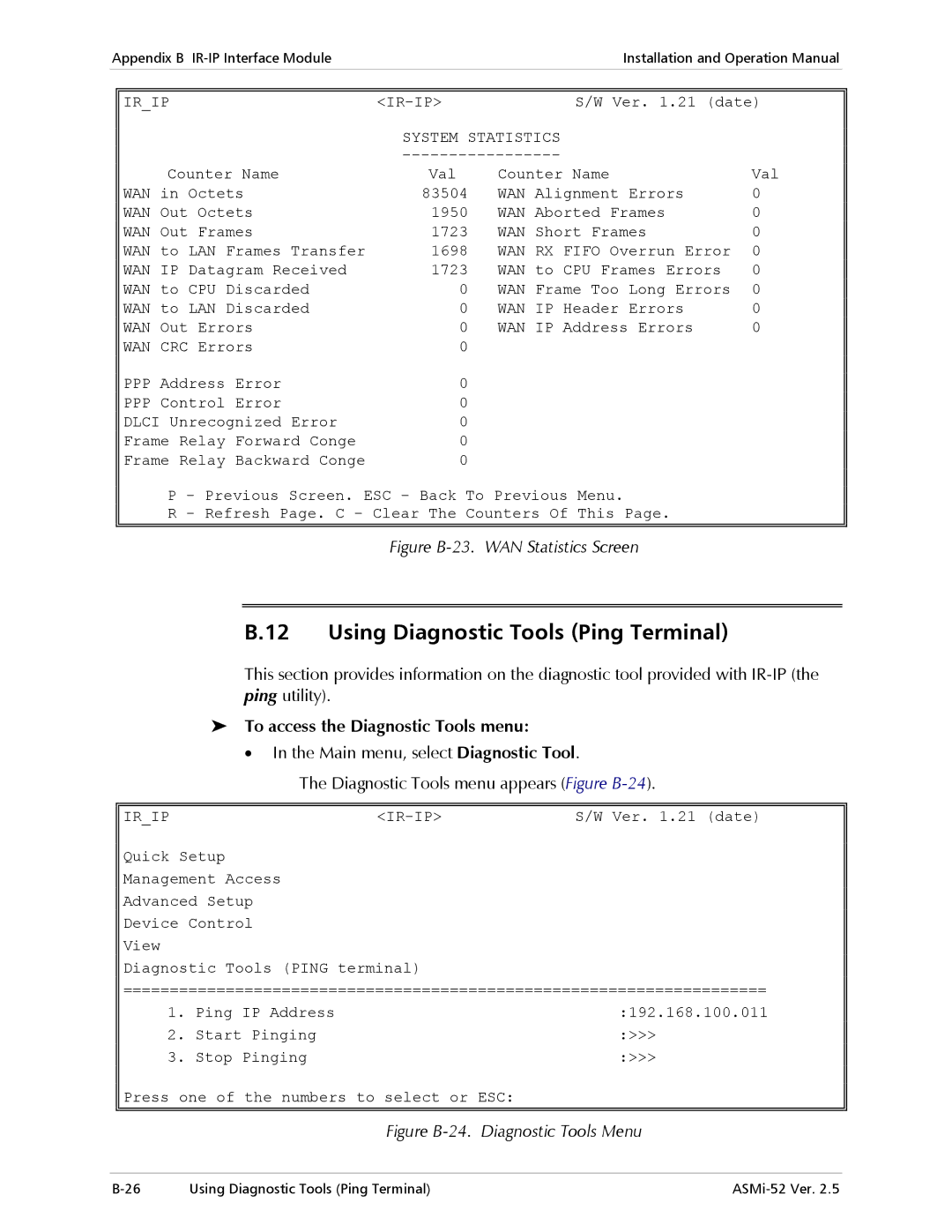 RAD Data comm ASMi-52 manual Using Diagnostic Tools Ping Terminal, To access the Diagnostic Tools menu 