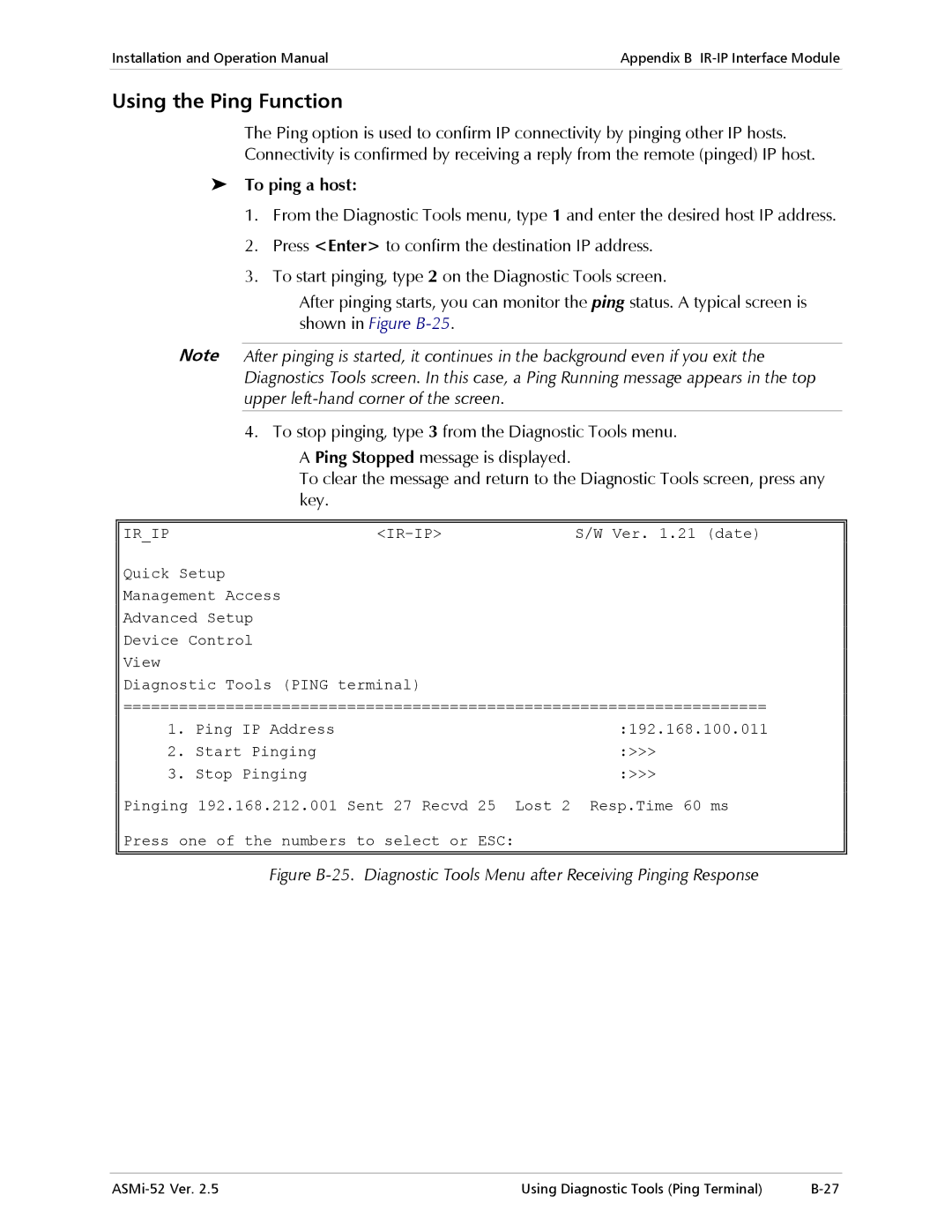 RAD Data comm ASMi-52 manual Using the Ping Function, To ping a host 