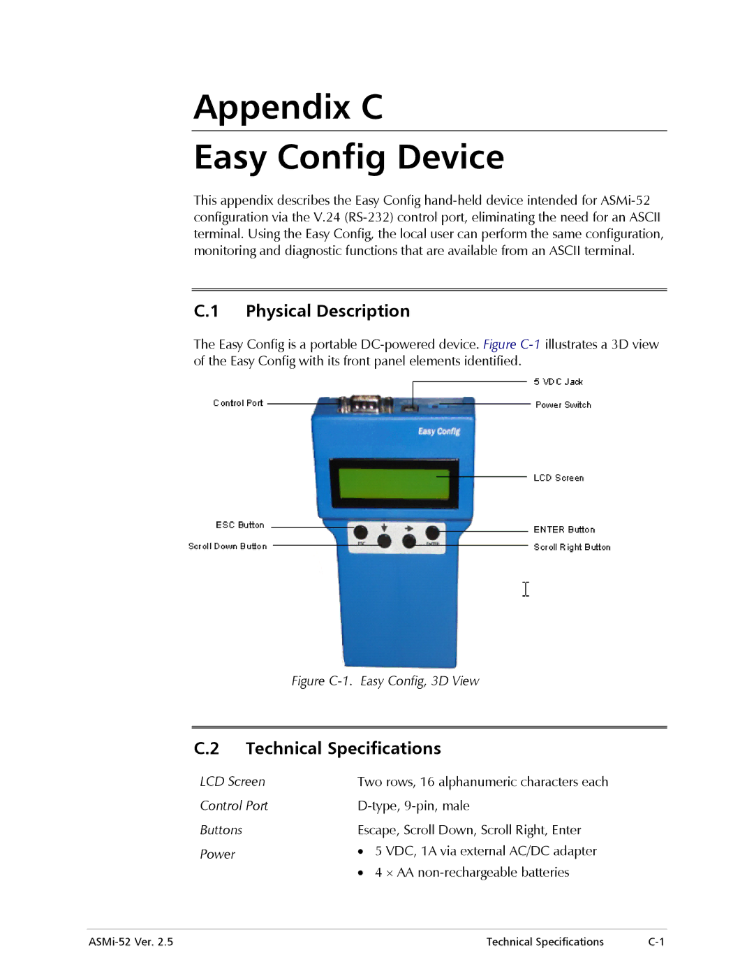 RAD Data comm ASMi-52 manual LCD Screen, Control Port Type, 9-pin, male, Escape, Scroll Down, Scroll Right, Enter 