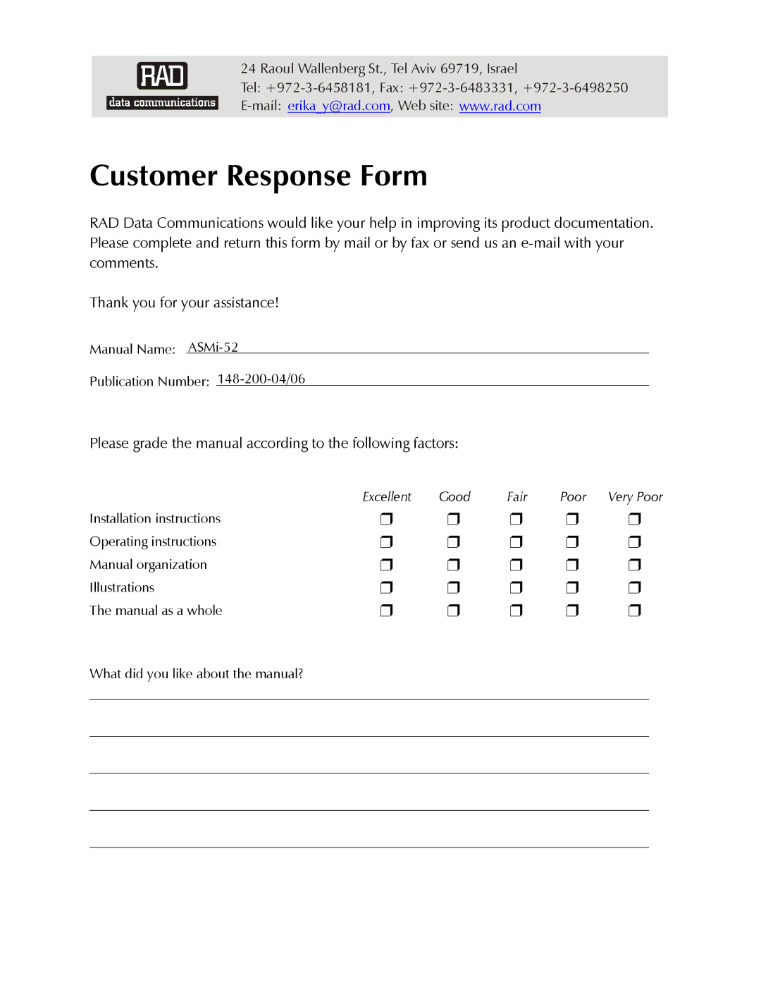 RAD Data comm ASMi-52 manual Customer Response Form, Excellent Good Fair Poor Very Poor 