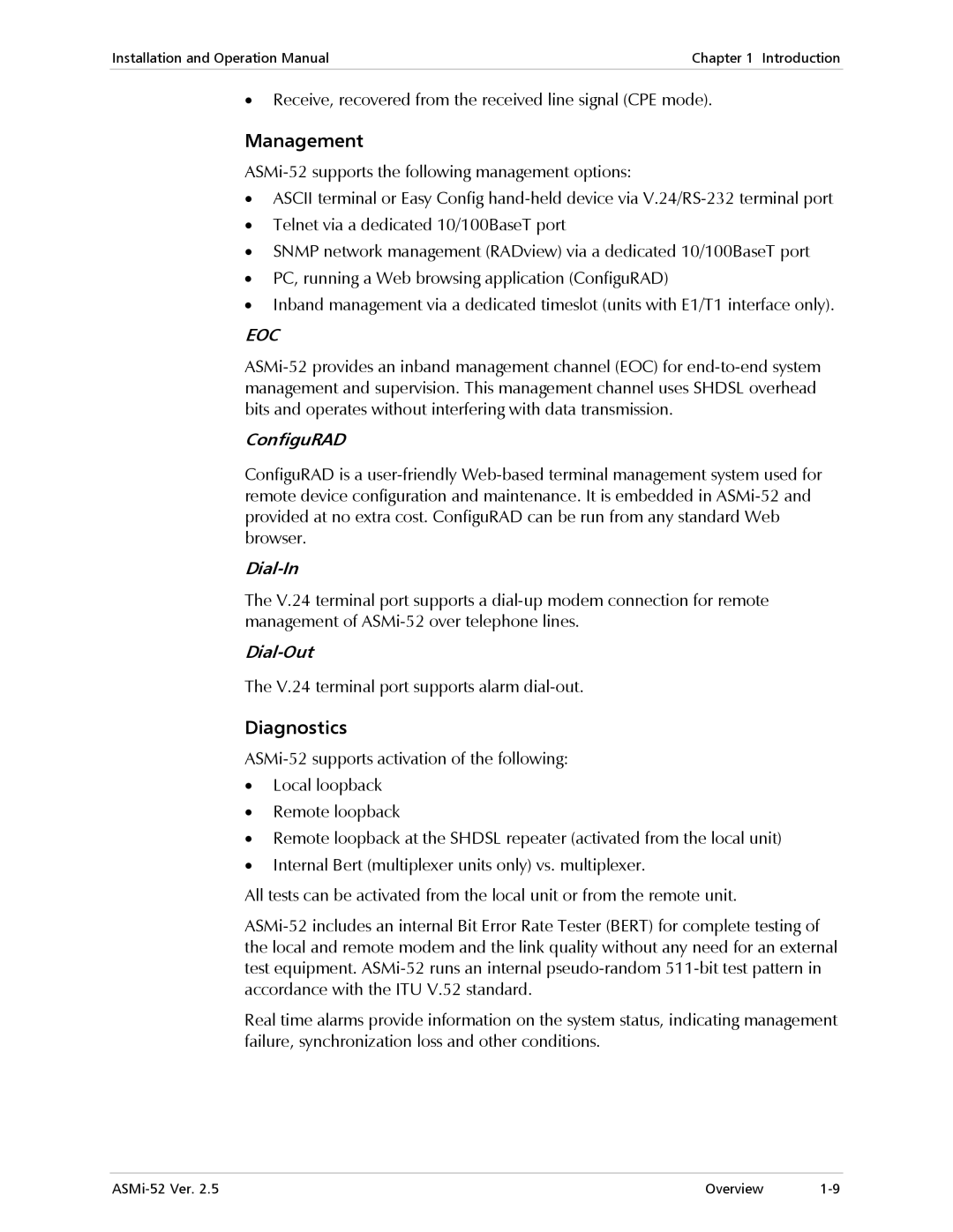 RAD Data comm ASMi-52 manual Management, Diagnostics 