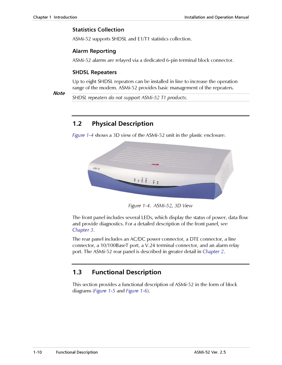 RAD Data comm ASMi-52 manual Physical Description, Functional Description, Statistics Collection, Alarm Reporting 