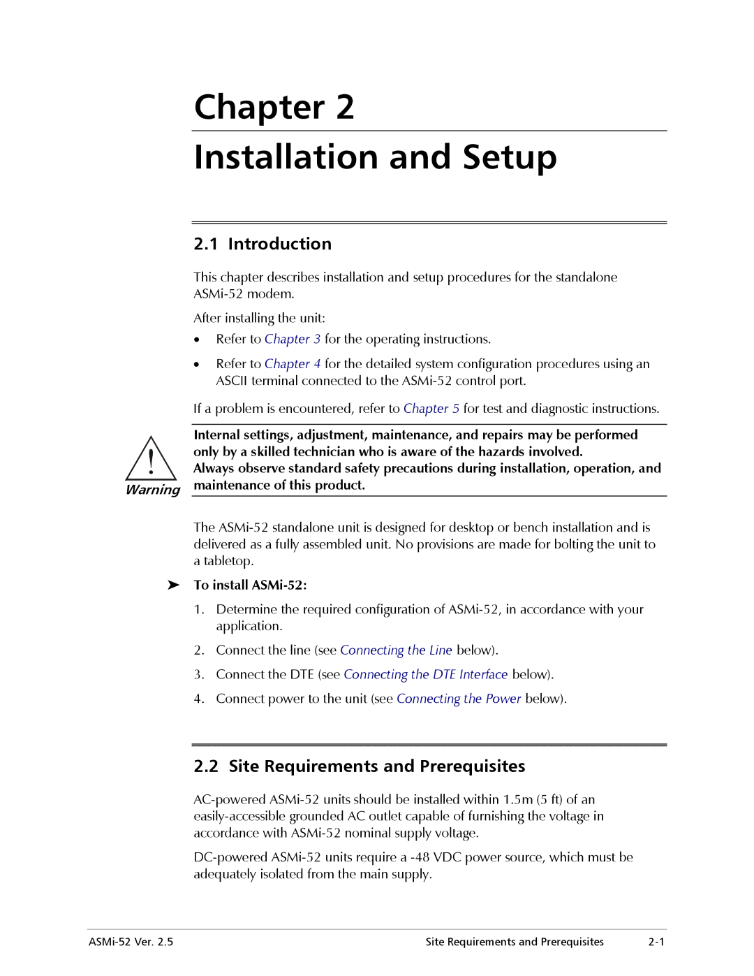 RAD Data comm manual Introduction, Site Requirements and Prerequisites, To install ASMi-52 