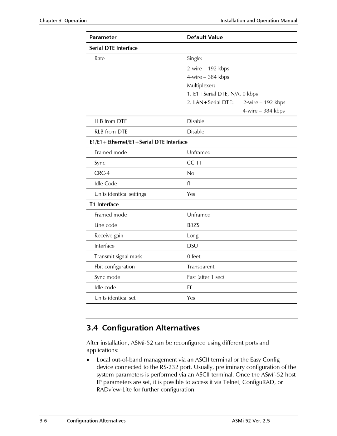 RAD Data comm ASMi-52 manual Configuration Alternatives, Parameter Default Value Serial DTE Interface, T1 Interface 