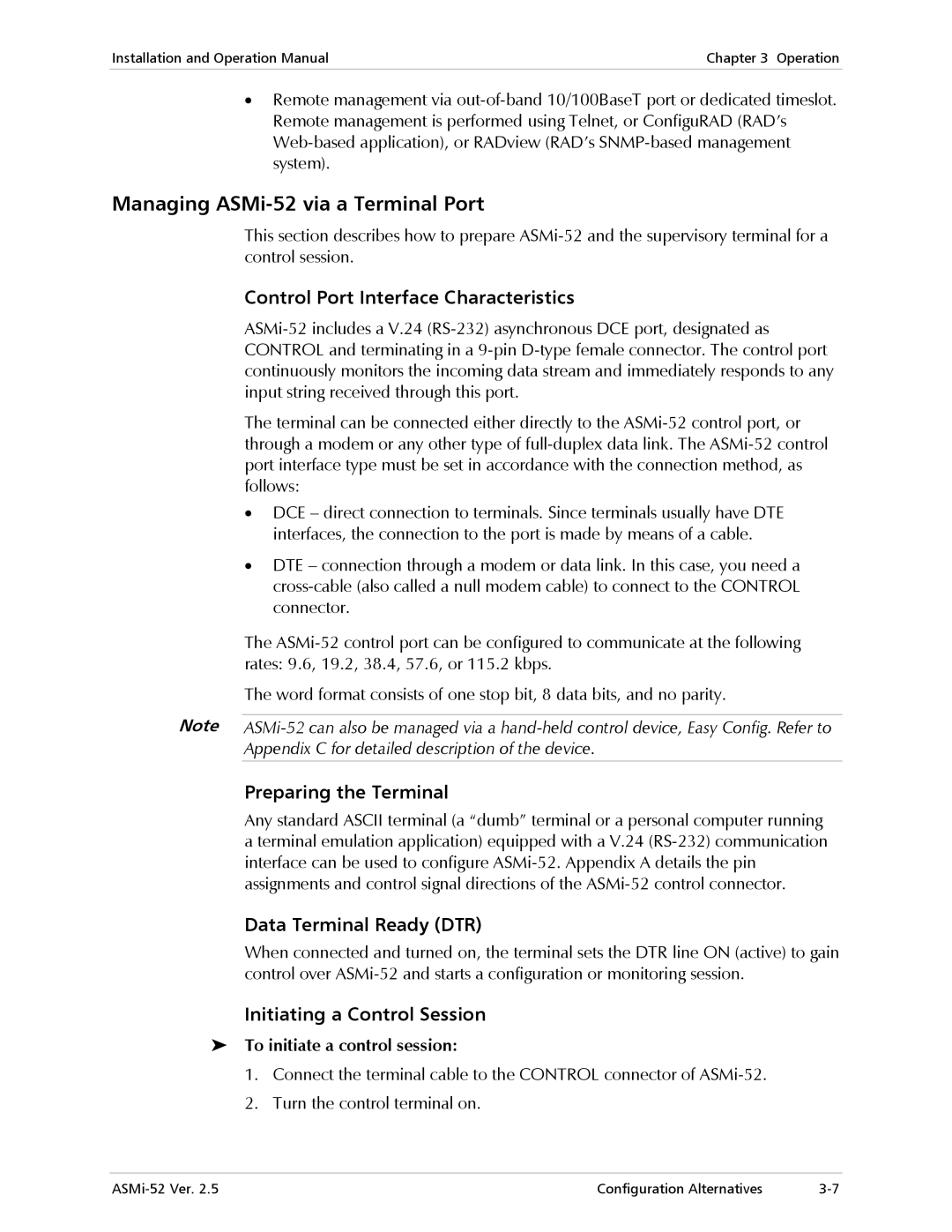 RAD Data comm Managing ASMi-52 via a Terminal Port, Control Port Interface Characteristics, Preparing the Terminal 