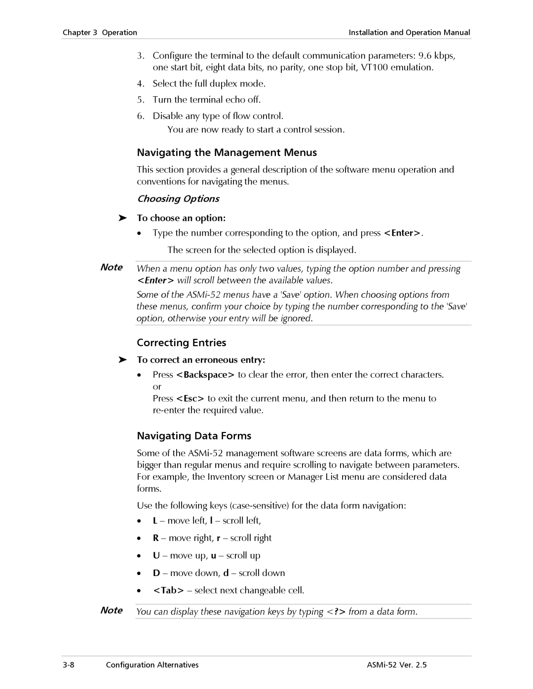 RAD Data comm ASMi-52 Navigating the Management Menus, Correcting Entries, Navigating Data Forms, To choose an option 